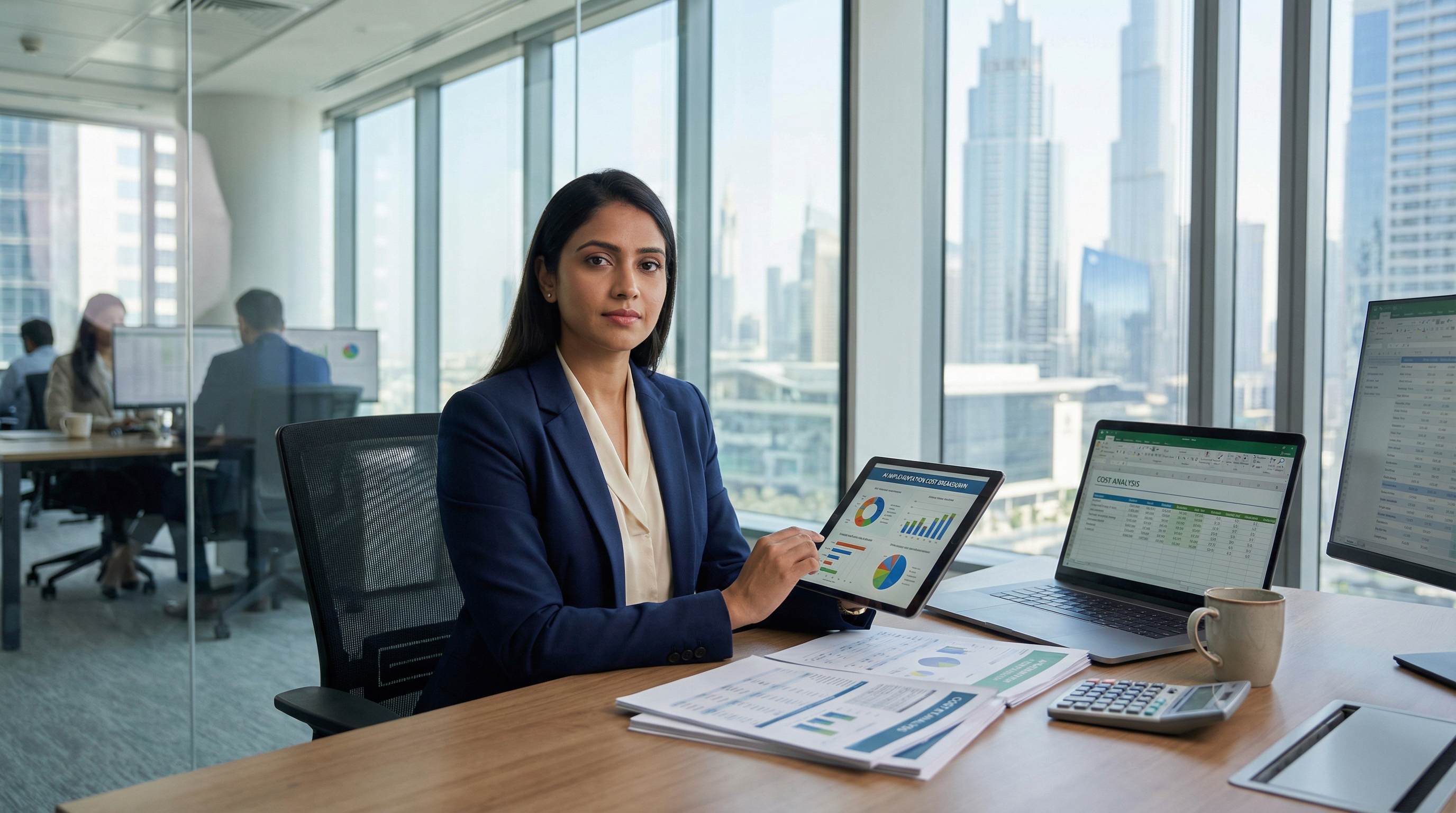 Dubai retail business owner analyzing AI implementation costs and ROI projections on tablet