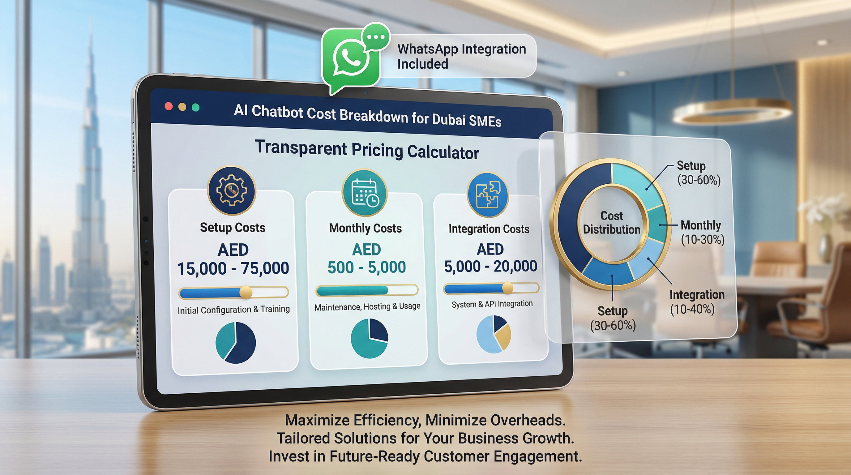 AI chatbot cost breakdown infographic showing setup costs, monthly costs, and integration costs for Dubai SMEs