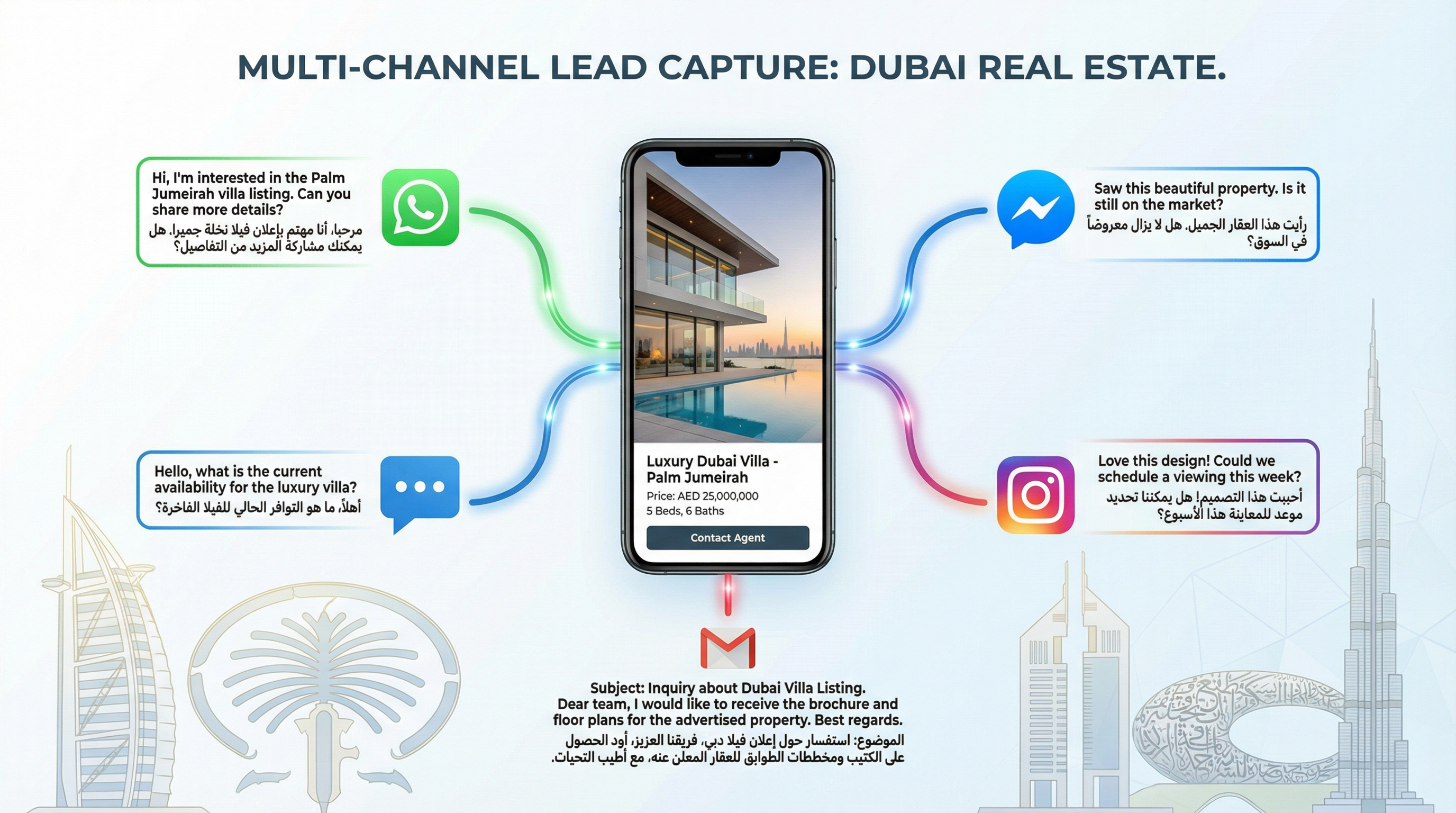 Multi-channel lead capture for Dubai real estate showing WhatsApp, website chat, Facebook Messenger, Instagram, and email integration