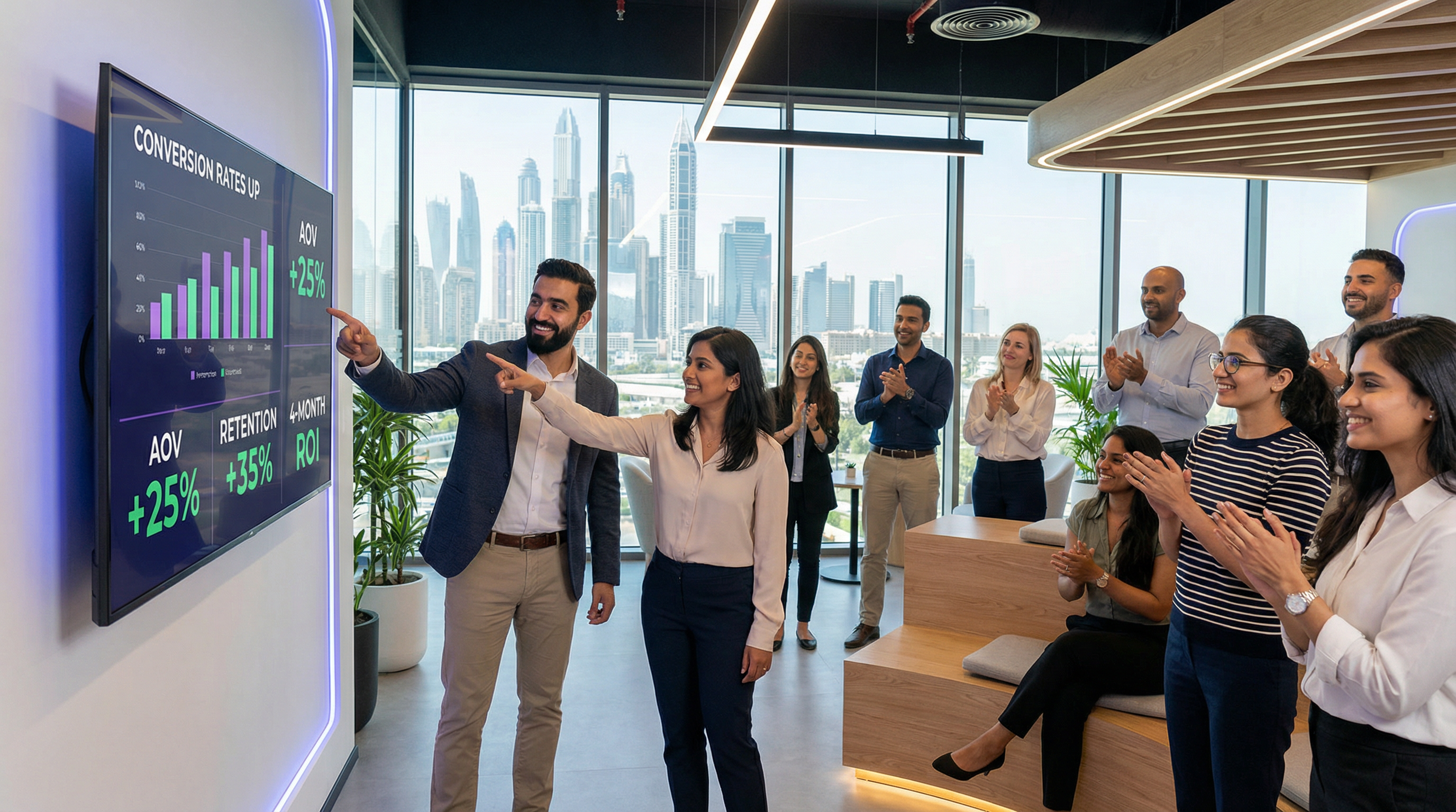 Dubai retail team celebrating AI personalization success with analytics showing +25% AOV and +35% retention