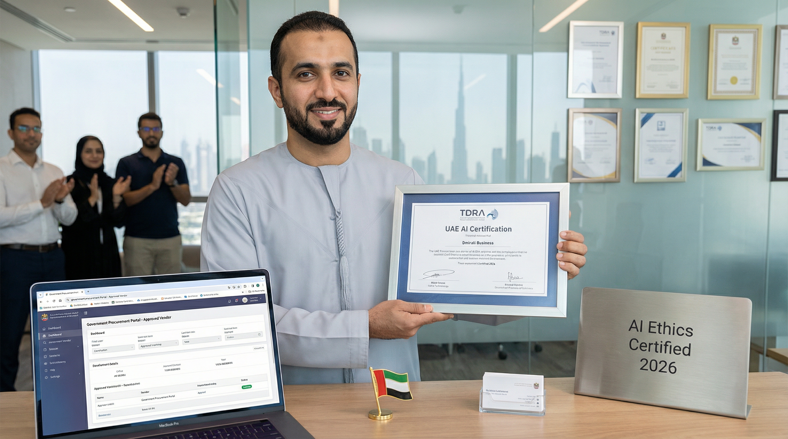 Dubai SME business owner holding UAE AI Certification certificate with TDRA logo, laptop showing Government Procurement Portal approval, celebrating certification success