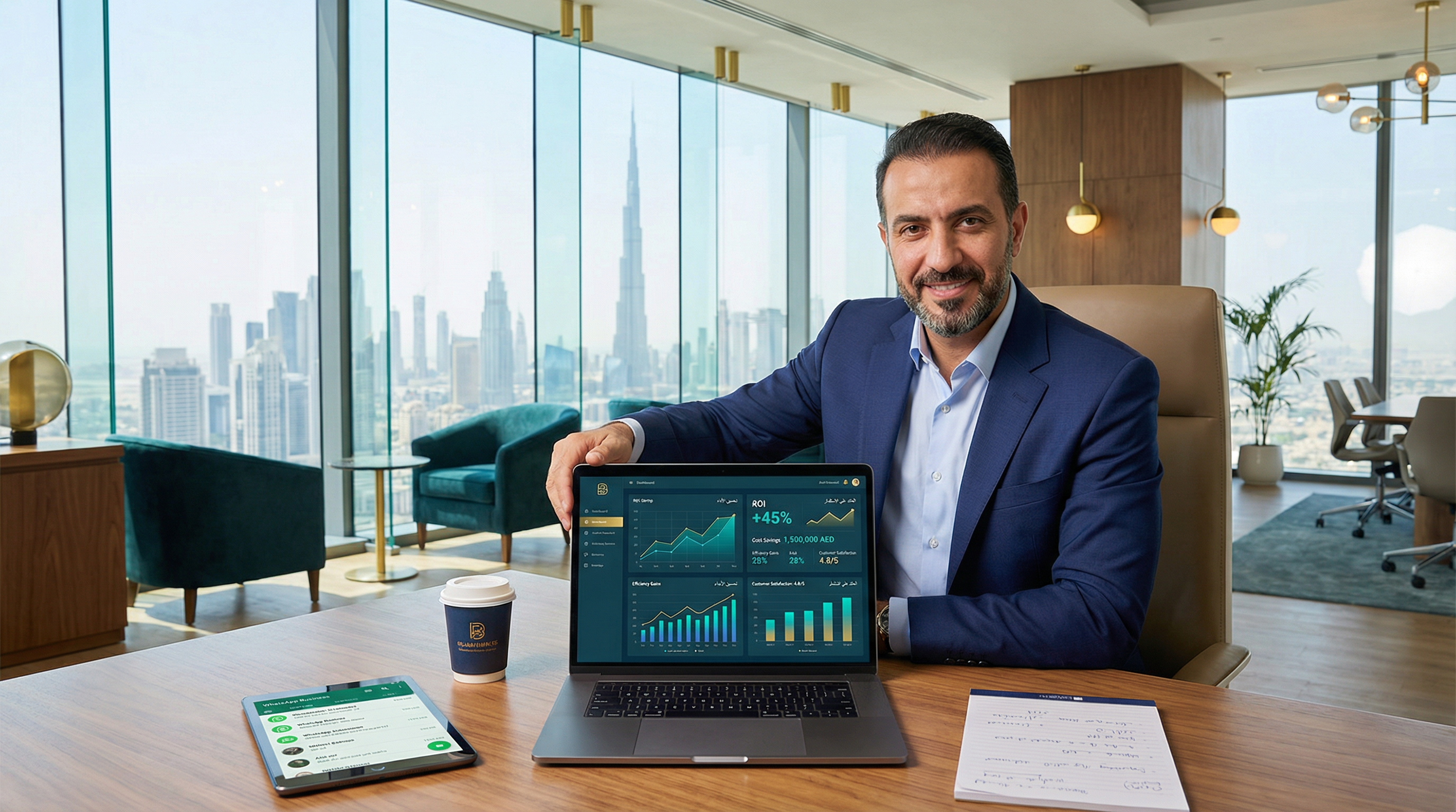 Dubai SME business owner reviewing successful AI implementation analytics dashboard showing ROI metrics, cost savings in AED, and performance indicators