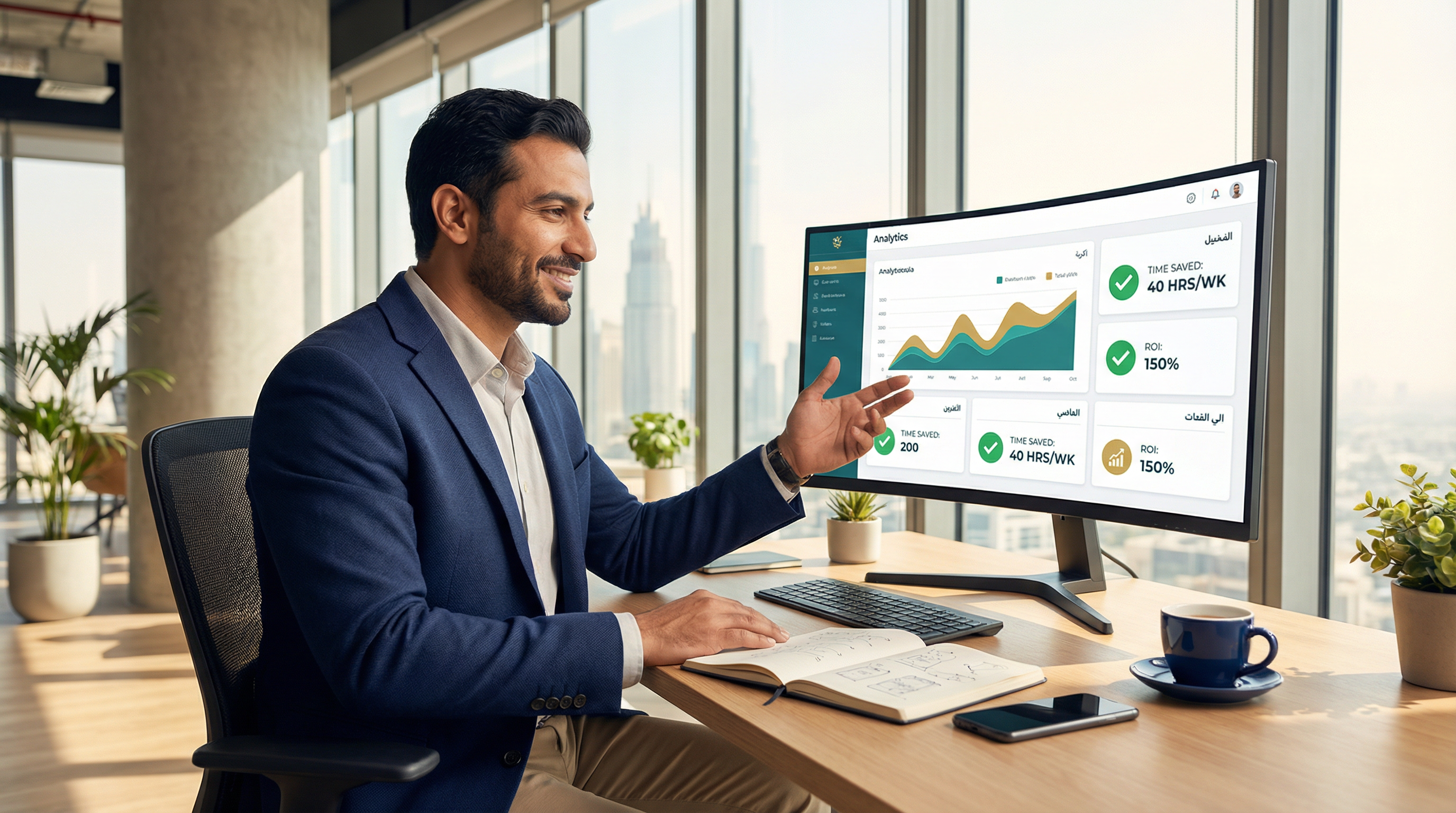 Dubai SME business owner reviewing no-code automation success dashboard showing time saved, ROI metrics, and workflow status