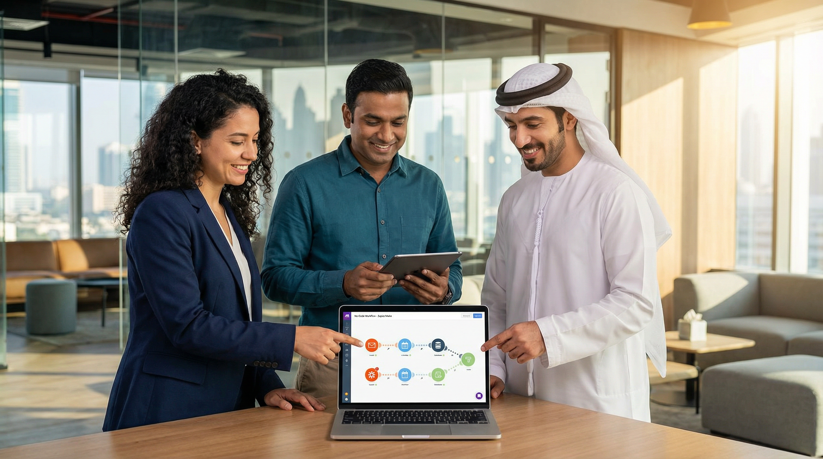 Dubai SME team collaborating on no-code AI workflow builder interface showing visual automation canvas
