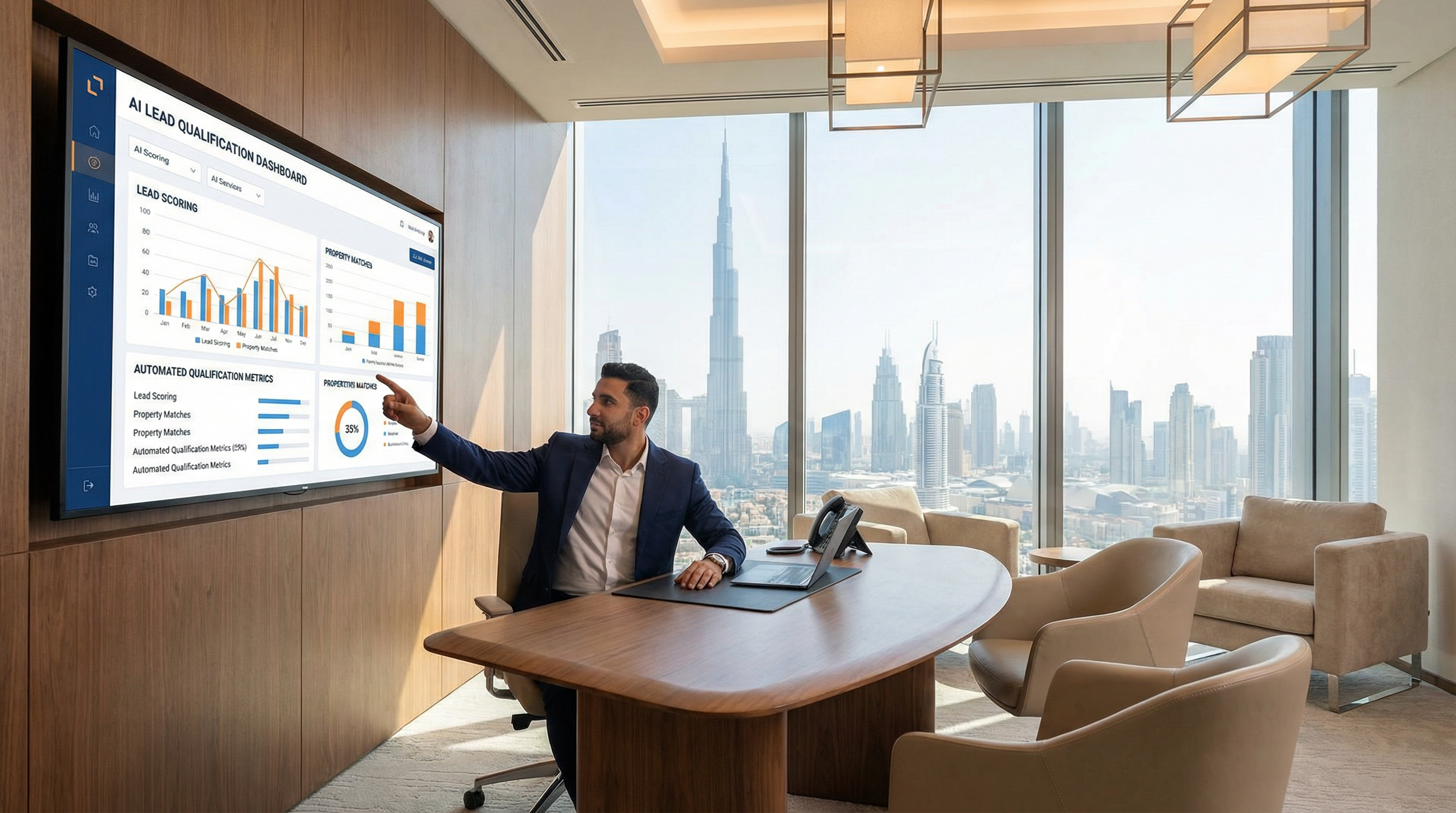 Dubai real estate agent reviewing AI-powered lead qualification dashboard with Burj Khalifa skyline in background
