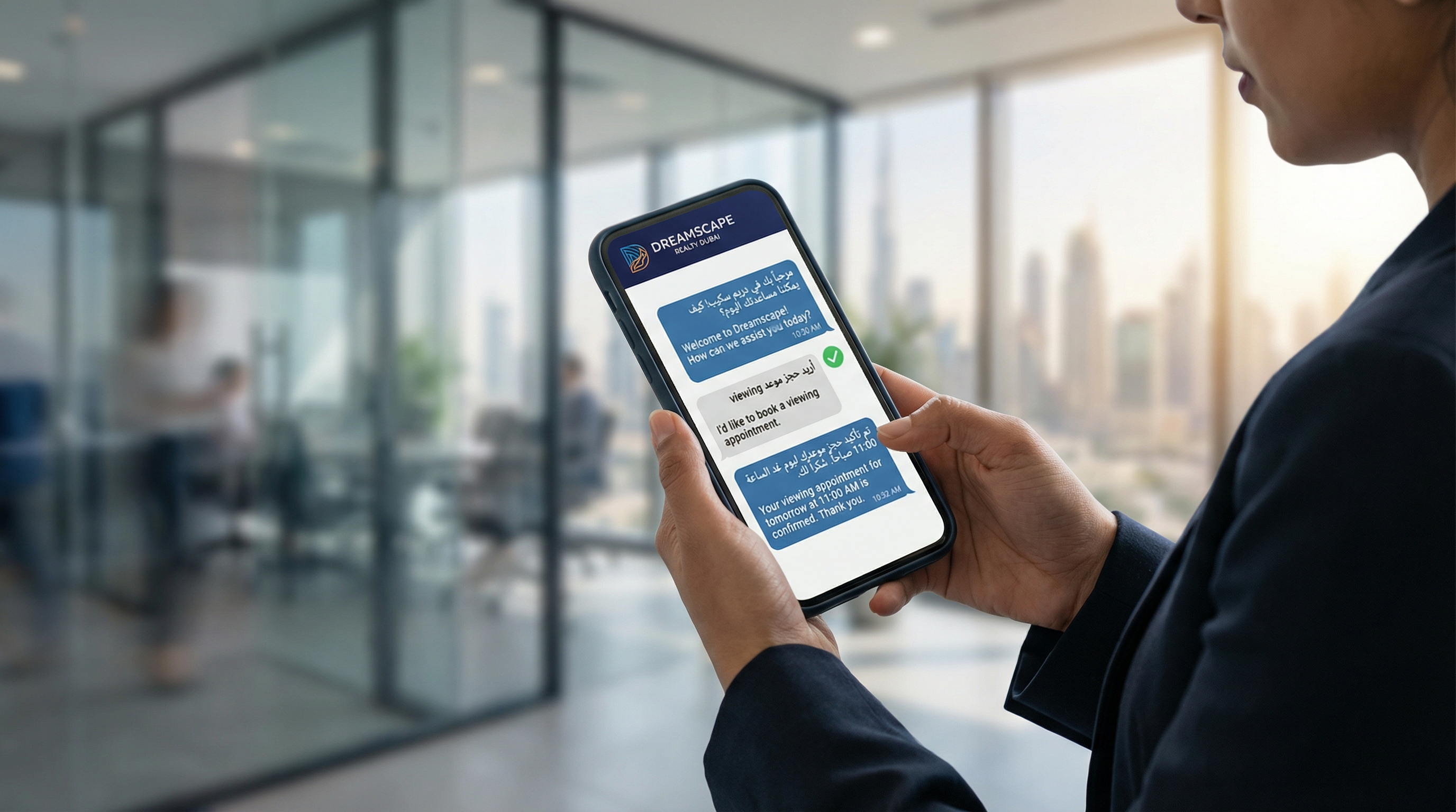 Professional using smartphone with WhatsApp Business chatbot showing bilingual Arabic-English conversation