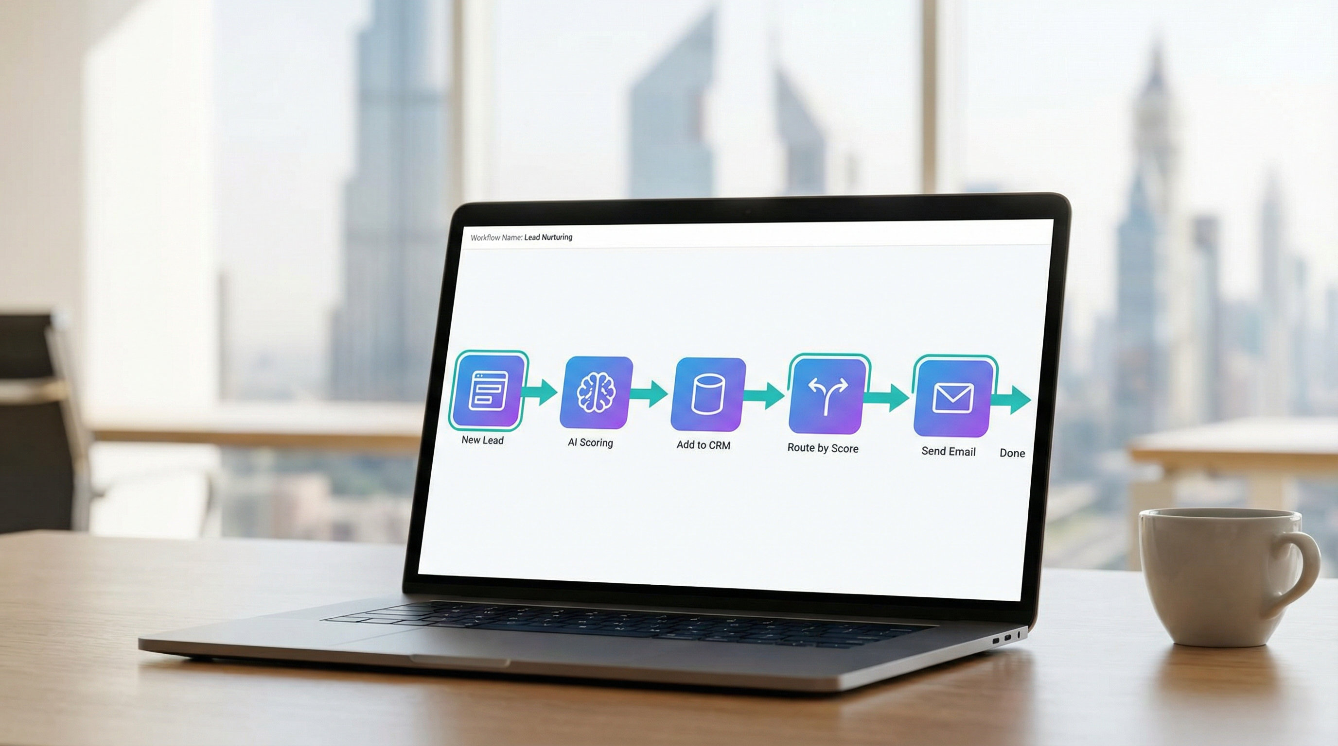 Visual no-code workflow builder showing 6-step automation: New Lead, AI Scoring, Add to CRM, Route by Score, Send Email, Done